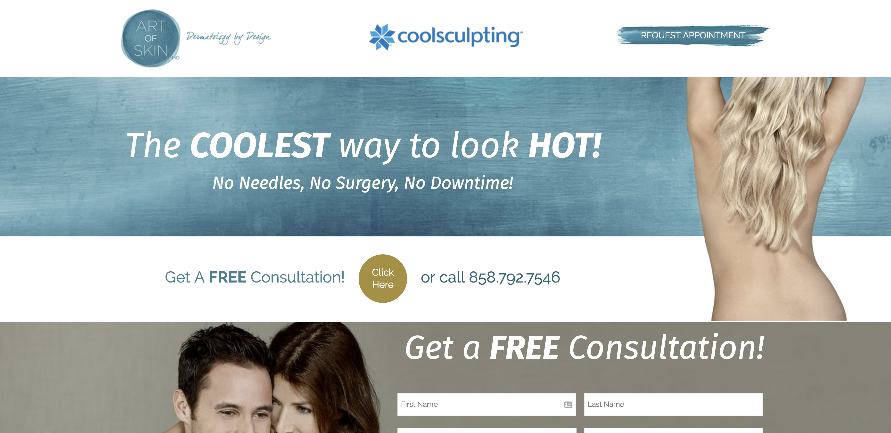 Coolsculpting Landing Page for Art of Skin MD, Sand Diego, CA
